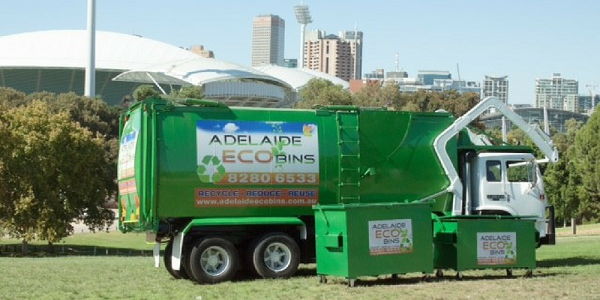 Skip bin and Adelaide Eco Bins rubbish truck - your workplace recycling and waste specialists